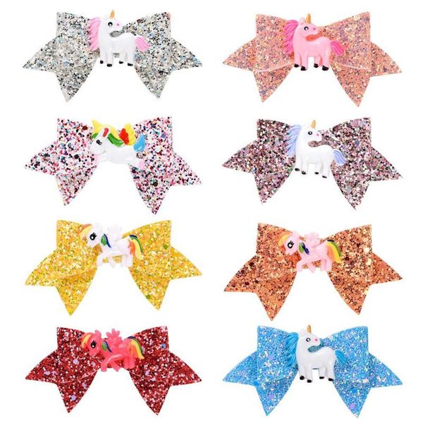 

300pcs 3.7'' cute cartoon glitter unicorn hair clips bow knot unicorn kids princess hair accessories glitter ha, Slivery;white