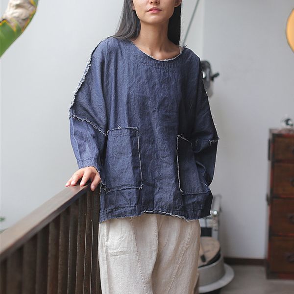 

johnature women denim blue vintage t-shirts 2019 spring new o-neck long sleeve pockets patchwork women casual t-shirts, White