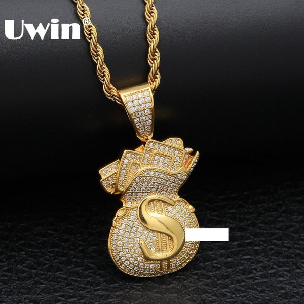 

uwin us money bag necklace pendant full bling cubic zirconia iced out gold chains silver gold color hiphop jewelry for men