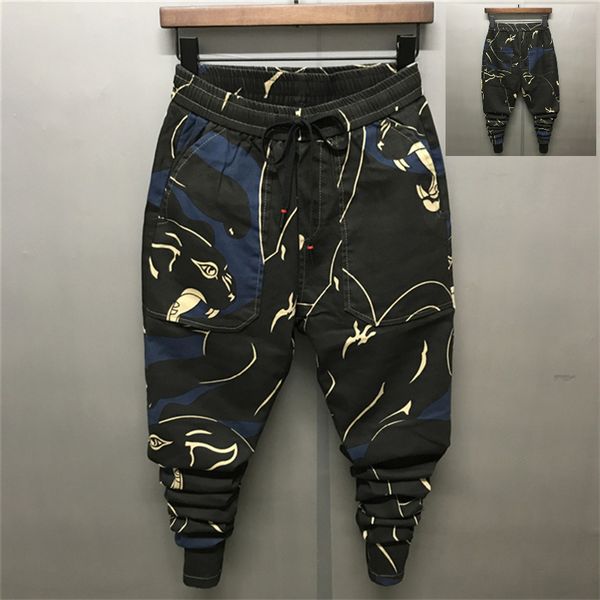 

New Men Pencil Pants Print Slim Big Crotch and Pockets Male Personality Casual Long Jogging Pants