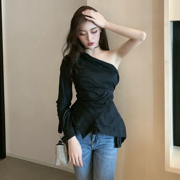 

nana fashion womens clothing store fashion temperament shoulder careful machine slim slimming long-sleeved shirt design feeling shirt fashio, White