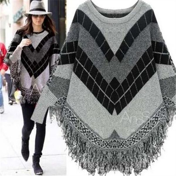 

europe style office lady o-neck fashion woman knit sweater long sleeve elegant cloak tassel geometric female sweater, White;black