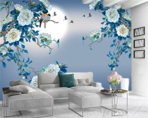 

3d фото обои mural яркие и ясная луна нежный пион цифровой печати hd декоративные красивые обои