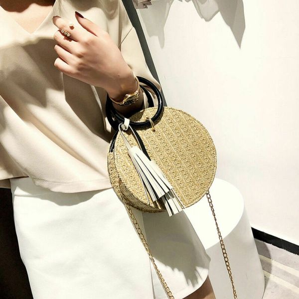 

fashion women summer holiday casual round circular rattan wicker straw woven crossbody beach messenger cellphone bag basket gift