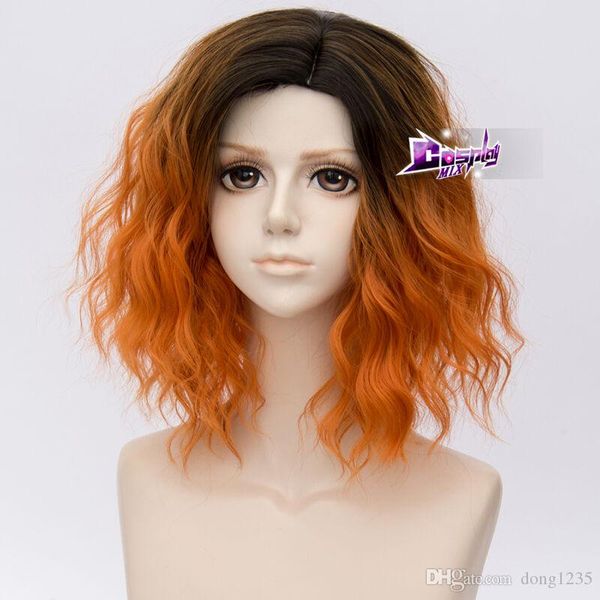 35cm Short Curly Hair Black Mixed Orange Lolita Women Anime