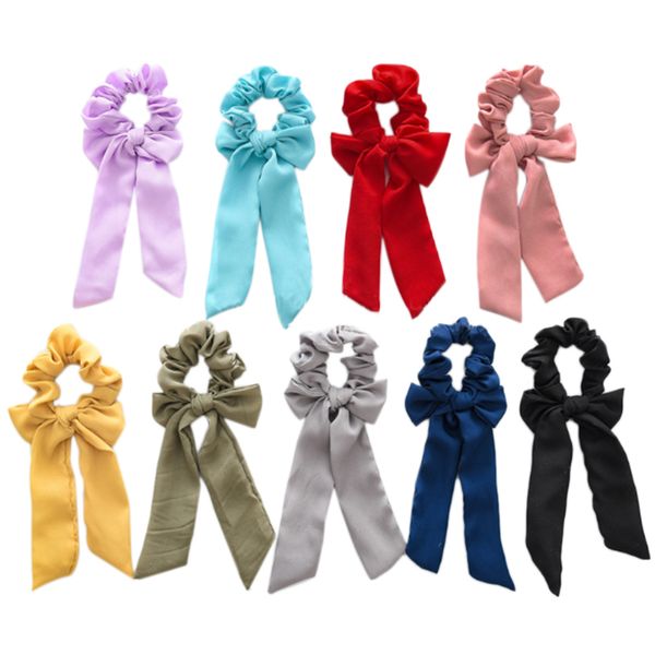 

bow ribbon hairstyle fashion chiffon ribbon girl hair strap ponytail tie solid color headwear set, Golden;white