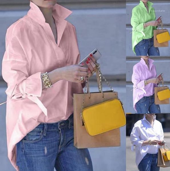 

female clothing solid color women designer shirts fashion long sleeve lapel neck blouses loose casual shirt, White