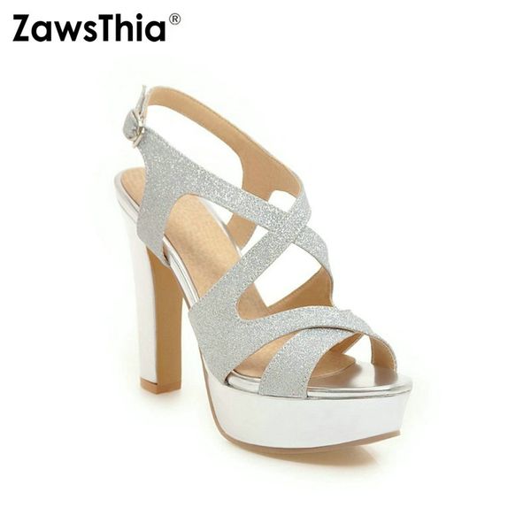 

zawsthia 2020 new thin high heels ladies shoes platform open toe woman sandals cross strap buckle silver glitter bling sandals, Black