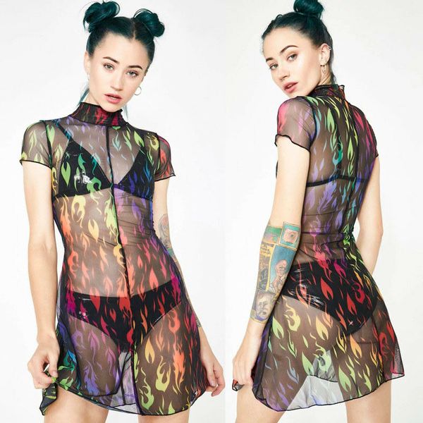 

women ladies summer short sleeve turtleneck see-through club party mini dress, Black;gray