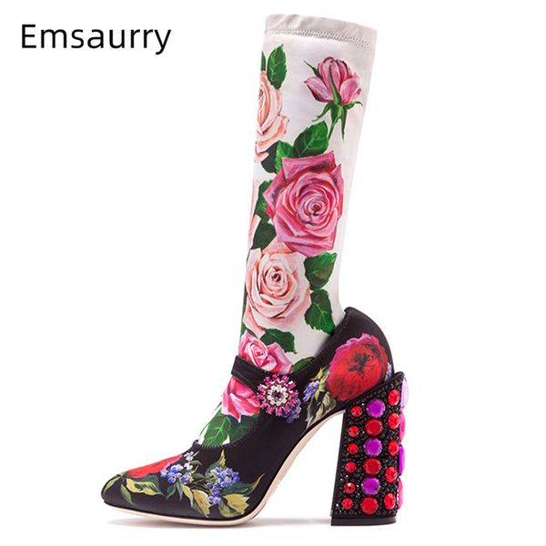 

printed flower knee mid-calf boots round toes colorful diamond chunky heel crystal buckle belt stretch runway botas mujer, Black