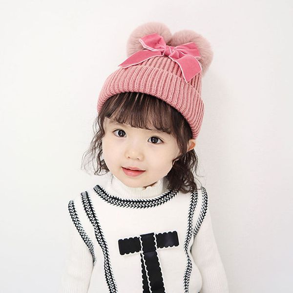 

kids winter knit hats bow double hair ball winter warm pompom boy caps baby girls autumn winter knitted hat 07, Yellow