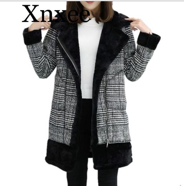 

plaid woolen coat women winter thicken fleece overcoat korean fashion fake fur warm school street girl casual black outerwear