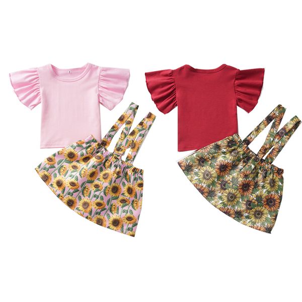

2020 baby summer clothes set 2pcs toddler kids baby girls sunflower outfits ruffled sleeve t-shirt overall skirts, White