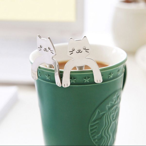 

cute cat tea spoon long handle scoop stainless steel coffee tea spoon flatware drinking tools kitchen gadget spoons drinkware