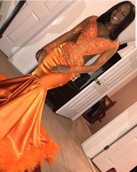 

orange lace mermaid long prom dresses black girls sheer long sleeves satin applique floor length feather cut away evening gowns bc1154