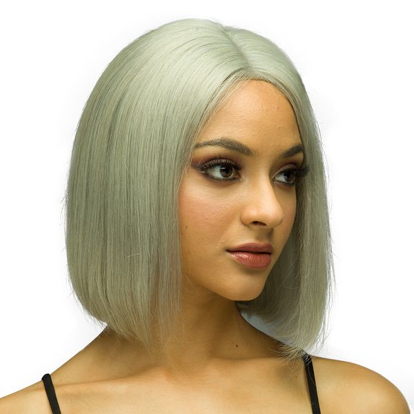 

human hair lace wig caesious grey color middle part 100% human hair bob wig, wholesale gray short lace frontal closure wigs, Black
