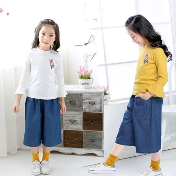 

retail kids outfits girls embroidery trumpet sleeves denim wide leg pants two piece matching set baby tracksuit casual cotton suits sets, White