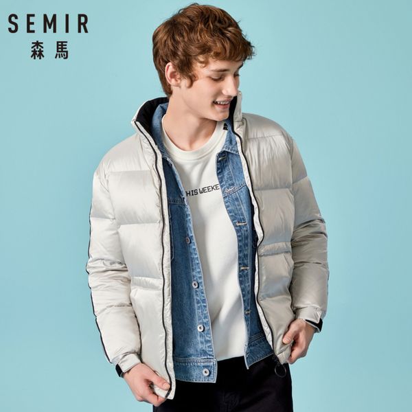 

semir men short down jacket with zip men's down filling stand-up collar puffer jacket with slant pocket hook-and-loop at cuffs, Black