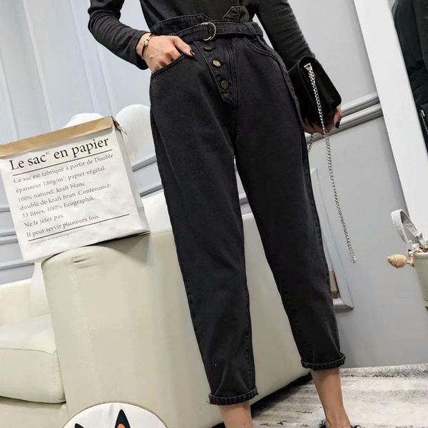 

women black ripped denim jeans vintage female high waist loose harem pants button pocket casual jeans plus size, Blue