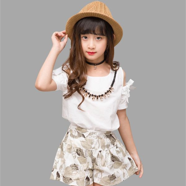 

летняя одежда для девочек с плеча с бантом + печатные листья шорты повседневные костюмы для девочек одежда для девочек-подростков 6 12 лет, White