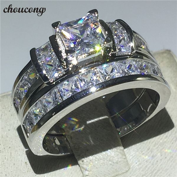 

choucong 2018 princess cut promise ring set diamond 925 sterling silver engagement wedding band rings for women men gift, Slivery;golden