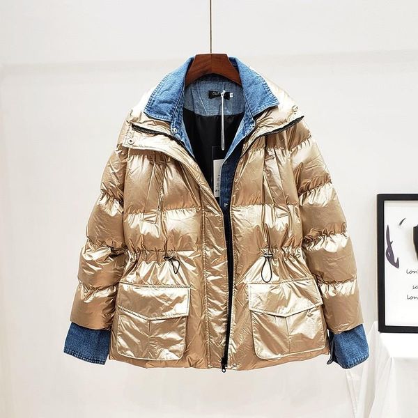 

cowboy patchwork parkas solid winter bright cotton warm jacket drawstring lace up waist thicken cotton coat, Black