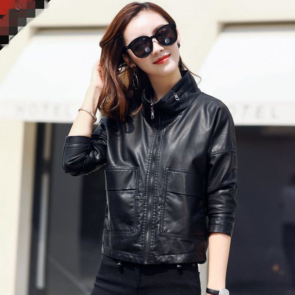 

short female leather coat loose spring and autumn 2019 new casual motorcycle leather jacket women clothing women outerwear, Black