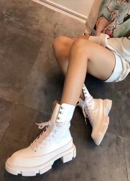 

2020ss white black high military boots women cow leather lady motorcycle booties