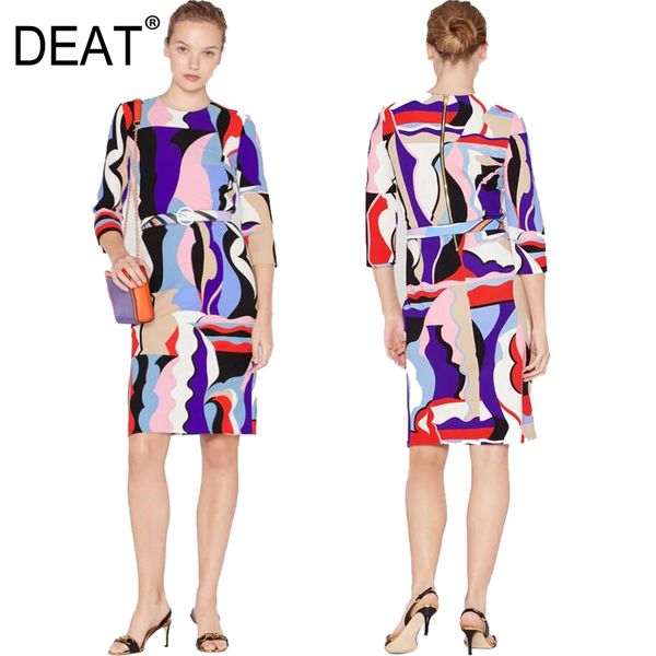 

deat] 2020 bohemia knit dress women seven sleeve round collar print with belt high waist elegant wild new summer fashion am115, Black;gray