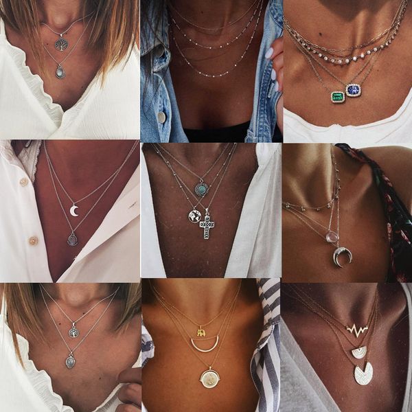 

diezi bohemian multilayer pendant necklaces for women fashion gold color geometric clavicle chains necklace jewelry wholesale, Silver
