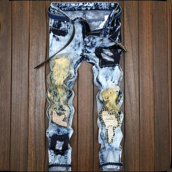 

2020 graffiti embroidery patch biker hip hop swag men jeans pants fashion casual hole ripped denim street tidemens light blue 28-38