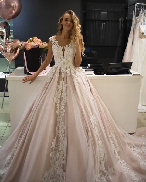 Beaded Lace Wedding Dresses 2019 Blush Pink Illusion Neckline Cap