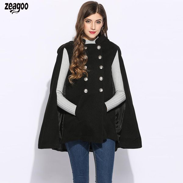 

casual women stand collar double breasted pockets coats solid cloak winter coat outdoor full coat buttons, Black