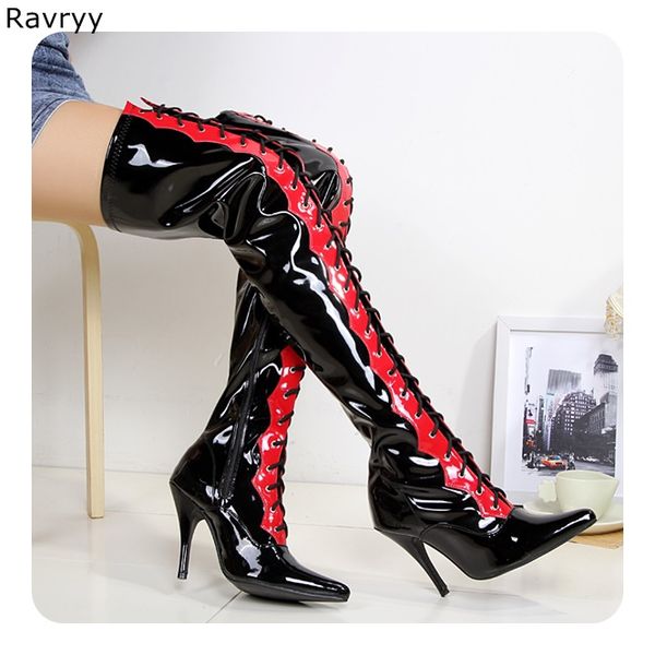 

cross-tied black red mixed color woman long boots pole dance model show fun club party female shoes pointed toe thin heel 43 44