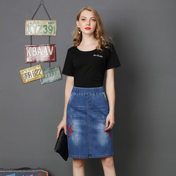 

audwhale summer embroidery straight loose jeans skirt for women casual flower peinted denim women skirt, Black