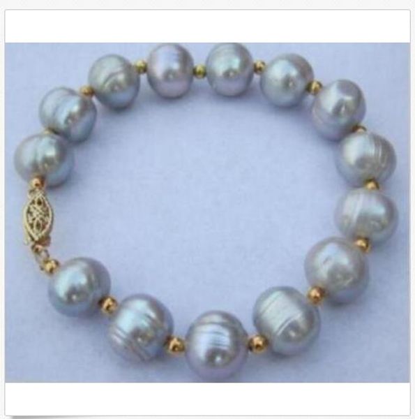 

huge 11-12mm natural south sea gray baroque pearl bracelet 7.5-8" 14k gold, Black