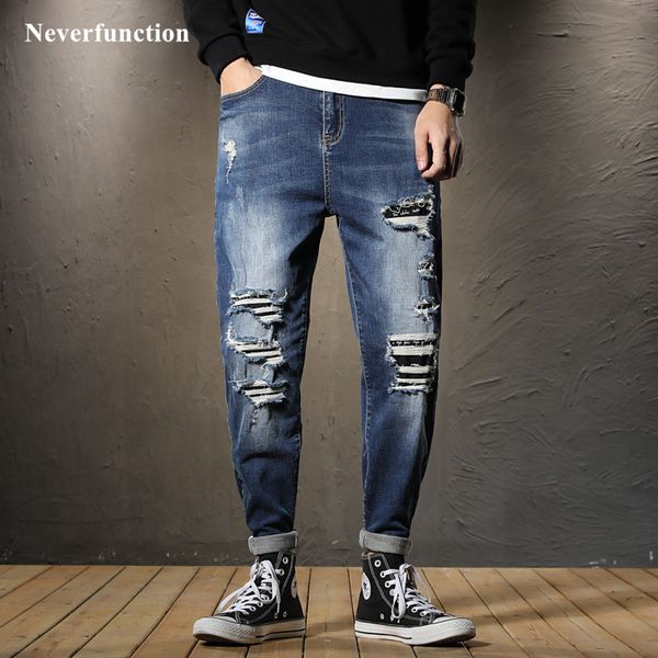 

men hip hop slim fit ripped beggar jeans trousers fashion streetwear destroyed distressed holes male casual denim harem pants, Blue