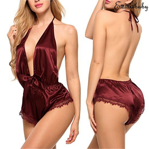 

silk pajamas women satin lace nightwear underwear sleepwear babydoll bodysuit deep v dressing gown pijamas feminino, Black;white