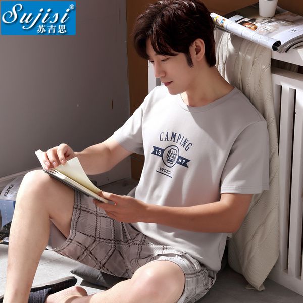 

men pure cotton pyjamas sets t-shirt & grid shorts male round collar pijama sleepwear leisure letter printing home clothing, Black;brown