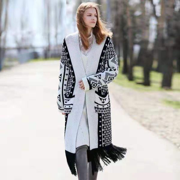 

patchwork thin loose oversized knitted cardigan long v neck elegant sweater tassel lace up long sleeve winter clothes women 2019, White