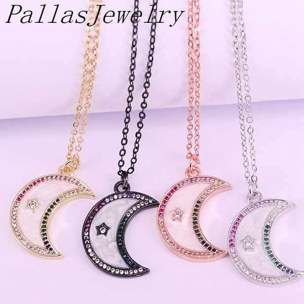 

10pcs wholesale enamel moon charm pendant necklaces with rainbow cz paved pendant charm necklace for women girl, Silver