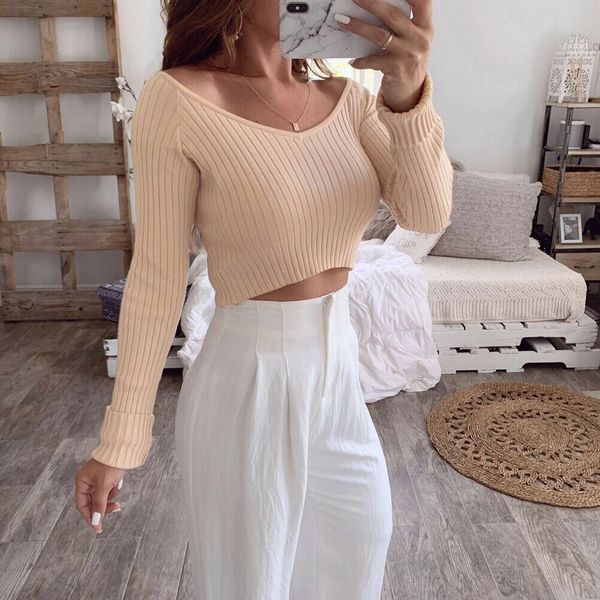 

women's v neck long sleeve lumbar knitted pullover jumper ladies casual underline sweater, White;black
