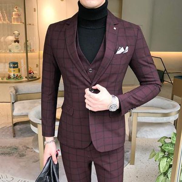 

3 шт. костюм жилет мужские костюмы с брюками красное вино ретро плед slim fit формальное свадебное платье смокинг костюмы плюс размер 5xl 20, White;black