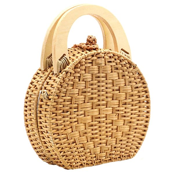 

auau-woman fashion wooden handle rattan knit bag new straw bag shoulder messenger bag(camel