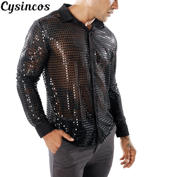 

cysincos shiny sequin transparent shirt men 2020 new see chemise homme nightclub stage prom dance shirt male camisa social, White;black
