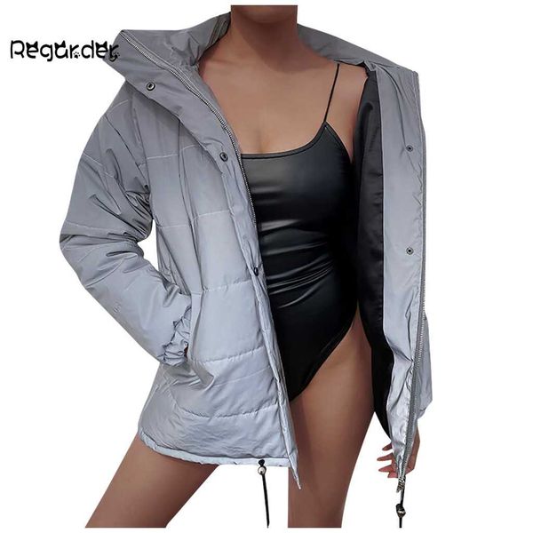 

winter women fashion street zipper buttons drawstring reflective coat warm thickening jacket ladies parka outwear clothes#g3, Black