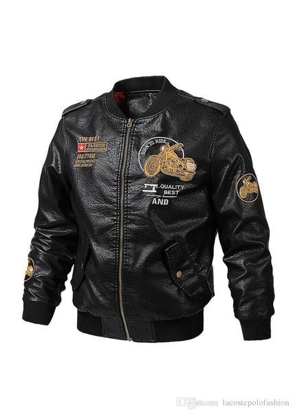 

mens pu leather with designer locomotive embroidery decoration zipper fly mens jacket handpainted homme casual clothes, Black