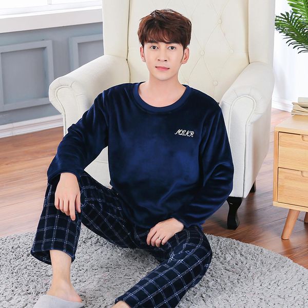 

men's pajamas winter mens flannel pajama sets o-neck long sleeve pyjamas men sleepwear male thick warm coral fleece pajamas 143#, Black;brown