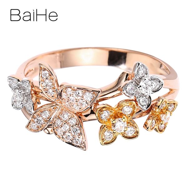 

baihe solid 14k white+yellow+rose gold certified 0.24ct genuine natural diamonds engagement women trendy fine jewelry gift ring, Golden;silver