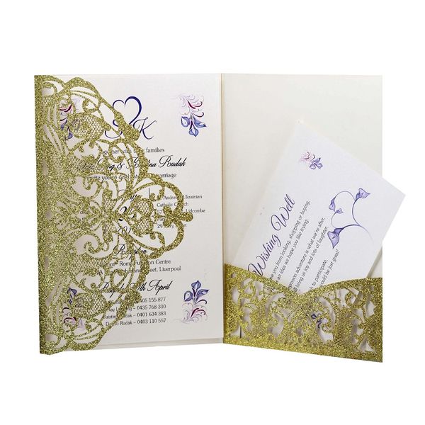 

50 pieces/lot gold glitter lacer cutting invitation cards, wedding invitation card, party with rsvp card